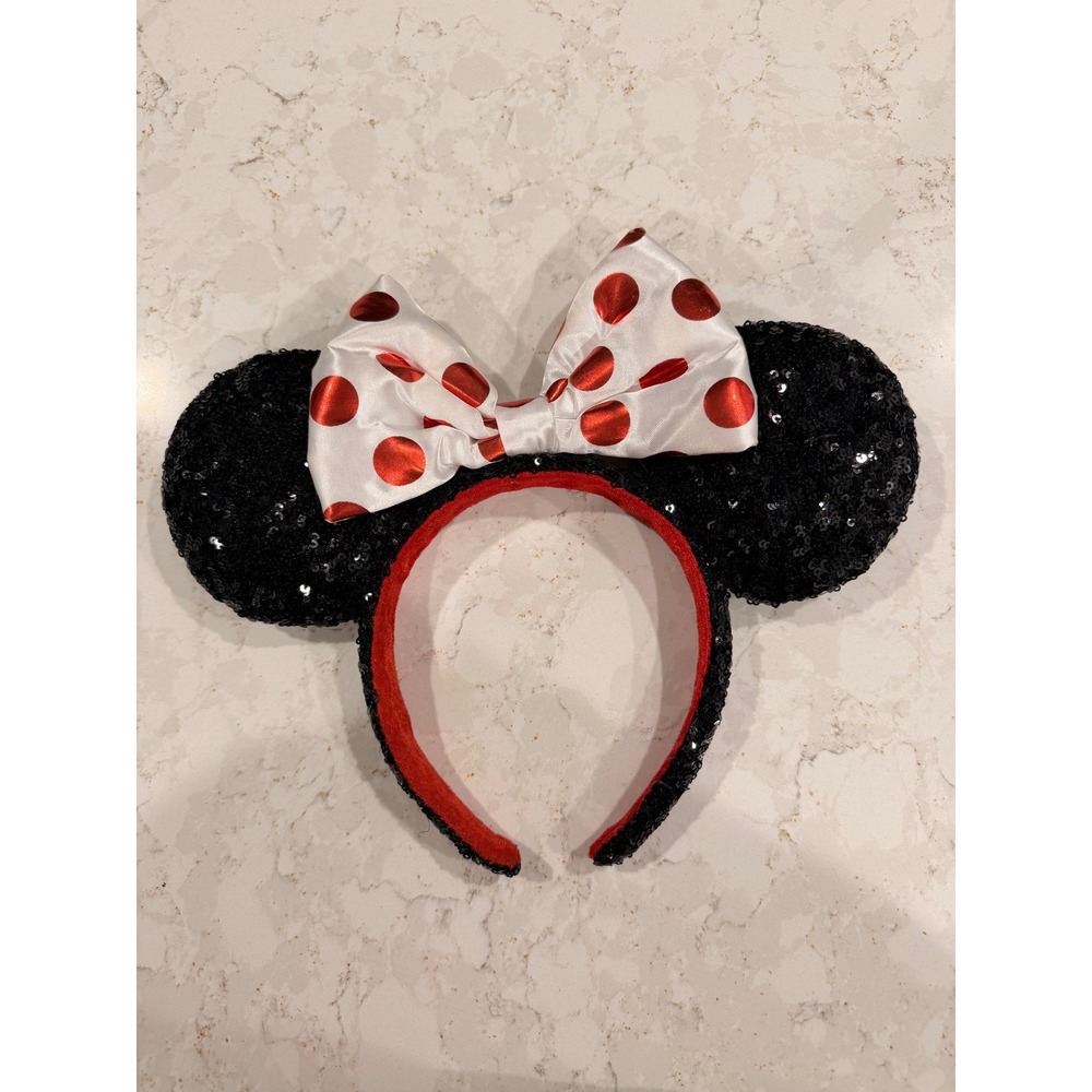 Disney Parks Minnie Mouse Sequin Ear Headband Red Polka Dot Bow Black Sparkle